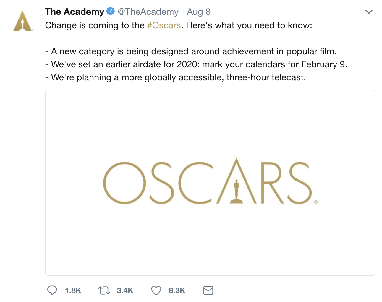 Academy Awards Aug 8 Change Tweet