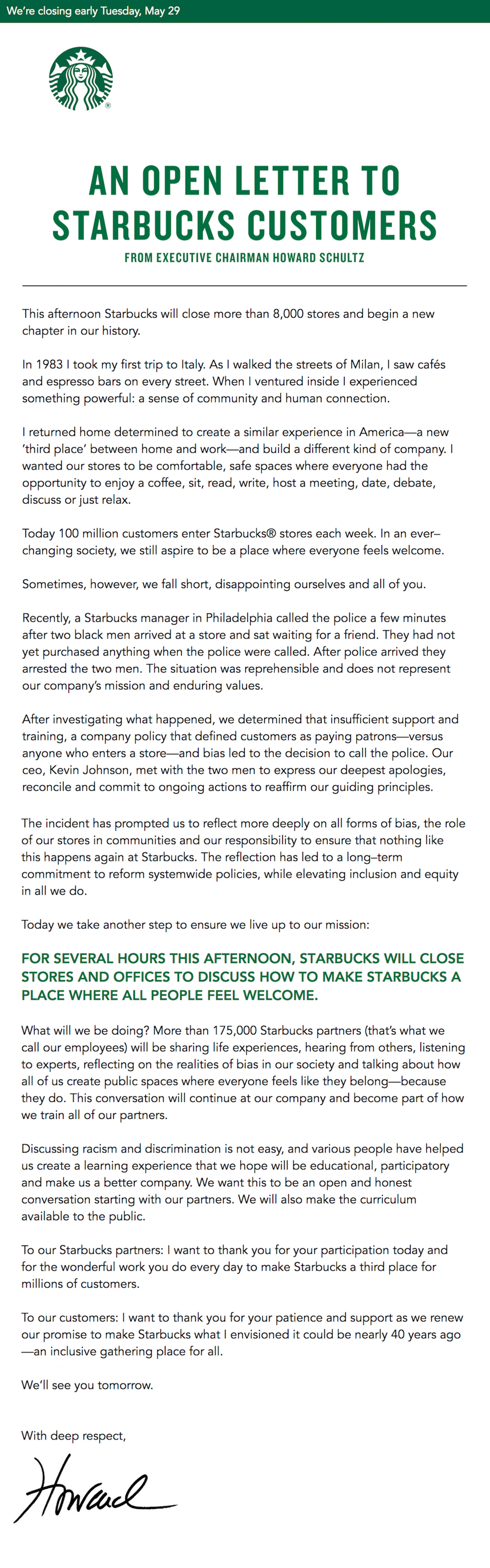 Starbucks Letter from Executive Chairman Howard Schultz